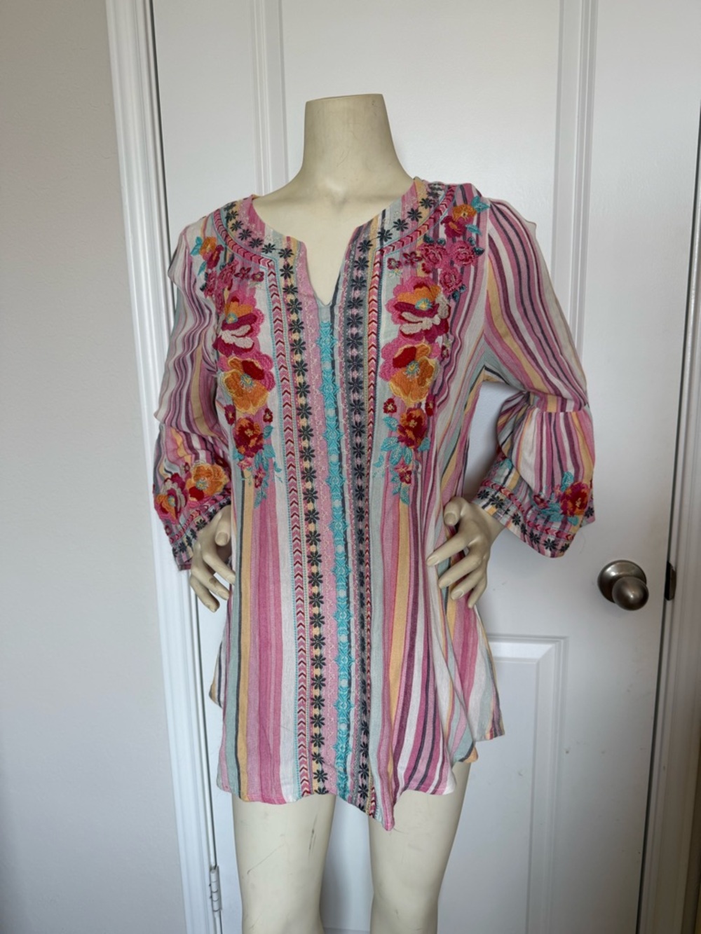 Andrée by UNIT 100% Rayon Embroidered Floral Striped Long Belle Sleeve Blouse
